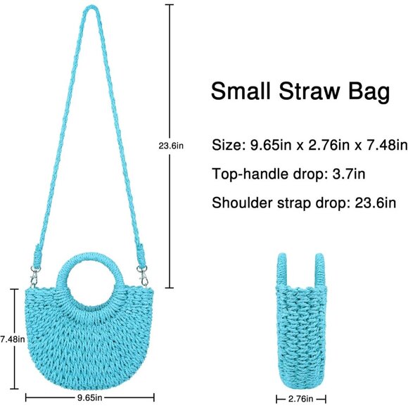 Woven Straw Beach Bag for Womem Top Handle Blue Crossbody and Shoulder Strap - Picture 6 of 6